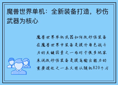 魔兽世界单机：全新装备打造，秒伤武器为核心